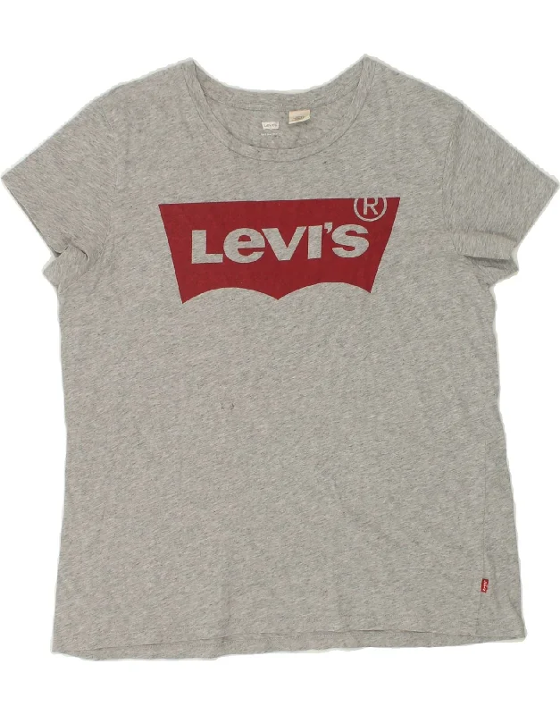 LEVI'S Womens Graphic T-Shirt Top UK 18 XL Grey Flecked-- Sequined Glittery Shiny