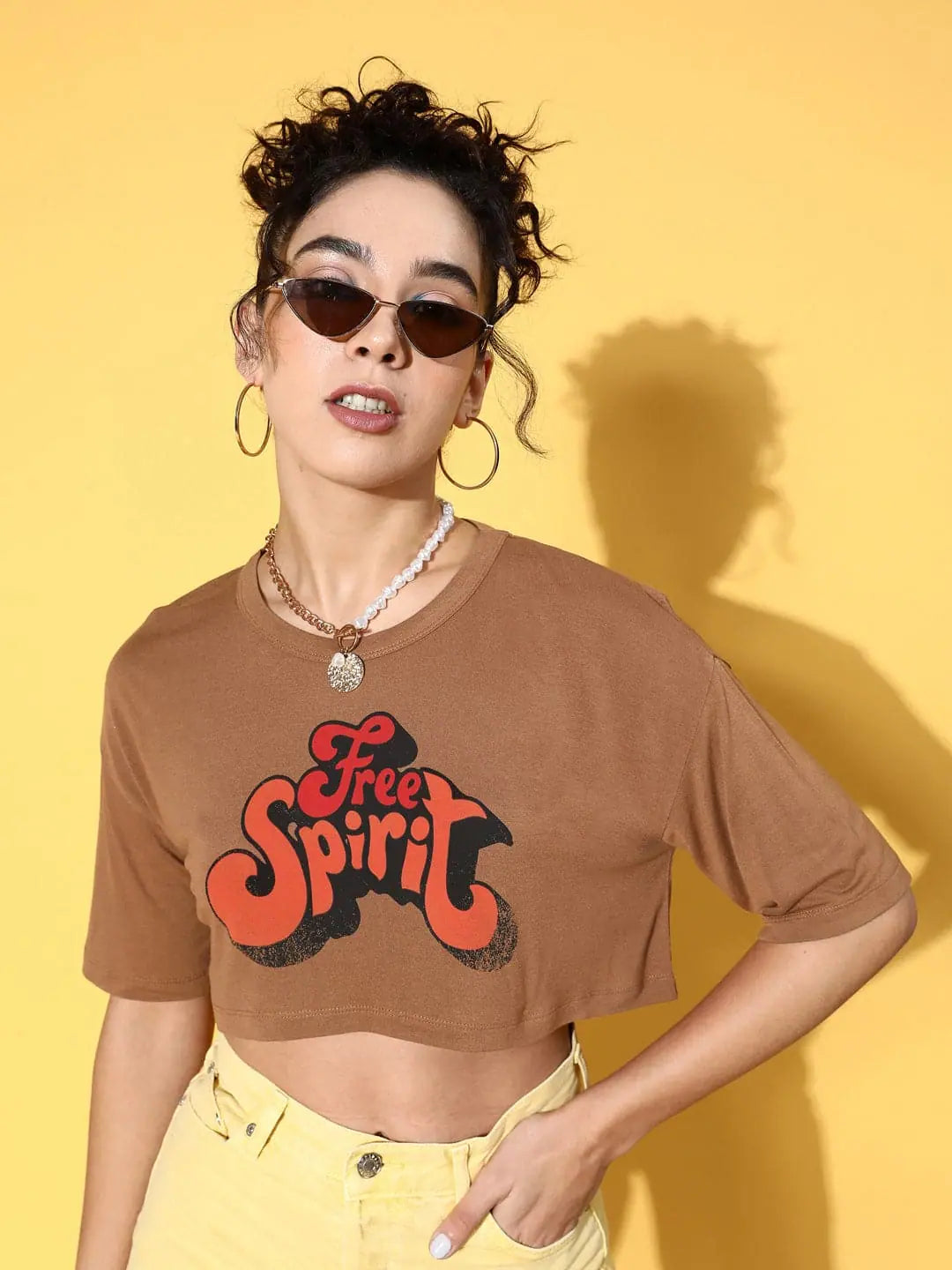 Women Brown Free Spirit Crop T-shirt-- Asymmetrical Pockets Print