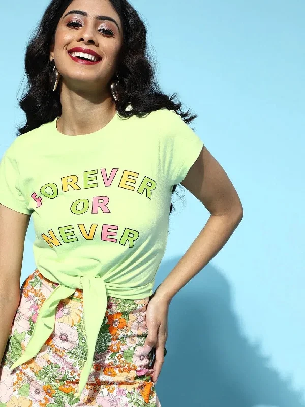 Green Forever-Or-Never Tie-Knot Crop T-Shirt-- Embroidered Appliqued Beaded