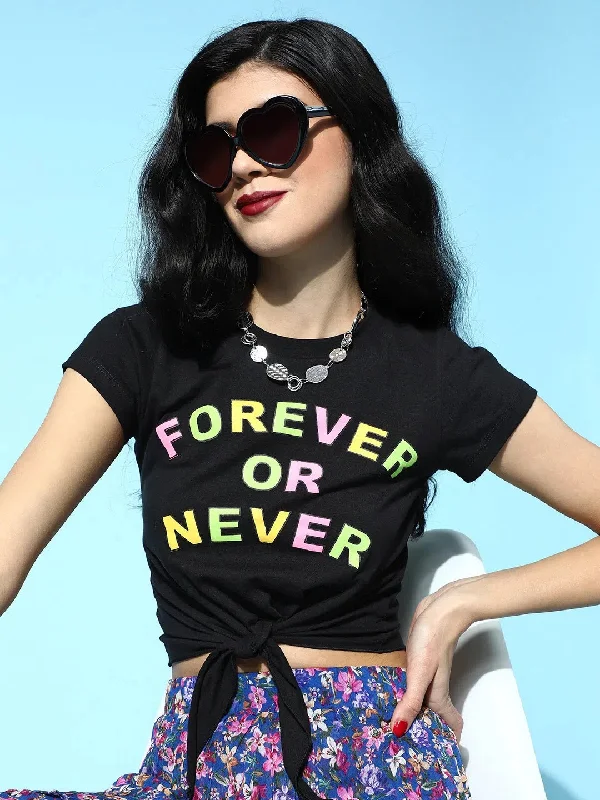 Black Forever-Or-Never Tie-Knot Crop T-Shirt-- Mesh Blend Leather Blend Suede Blend