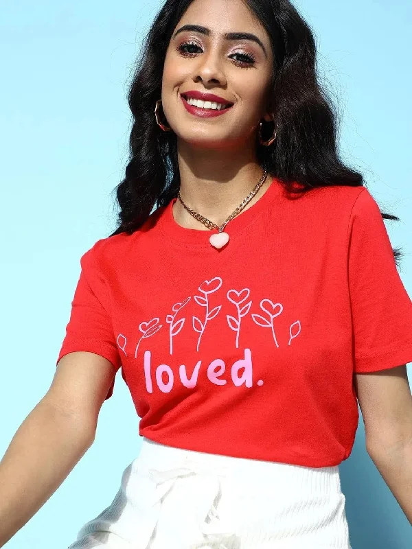 Red LOVED Boxy Crop T-Shirt-- Spandex Blend Rayon Blend Denim Blend