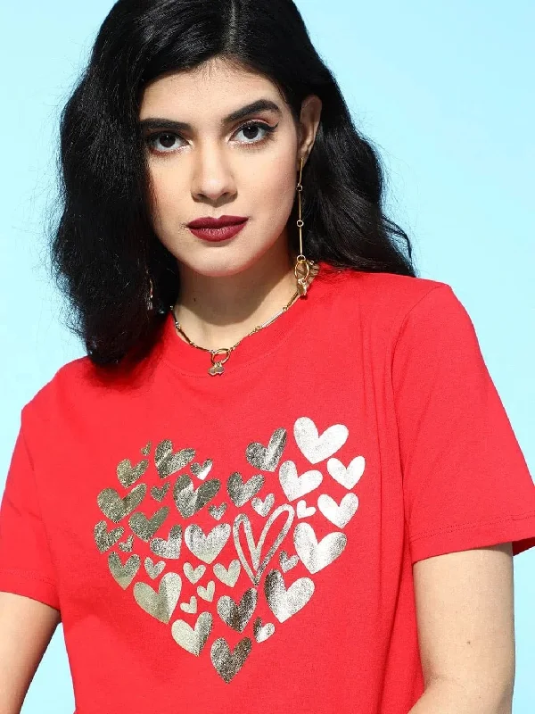 Red Hearts Boxy Crop T-Shirt-- Rayon Fabric Velvet Fabric Corduroy Fabric