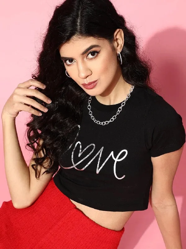 Black LOVE Foil Boxy Crop T-Shirt-- Striped Floral Plaid