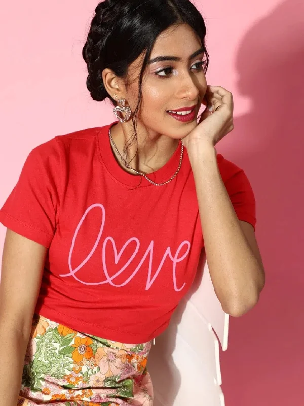 Red LOVE Foil Boxy Crop T-Shirt-- Terry Blend Velvet Blend Canvas Blend