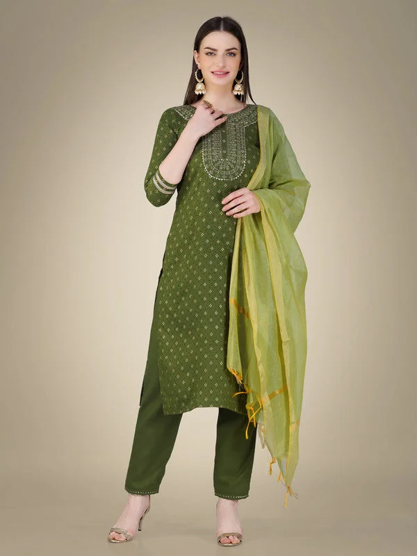 NOZ2TOZ Women Embroidered Cotton Blend Kurta Pant Dupatta Set - Green Trendy Printed Pants NOZ2TOZ Women Embroidered Cotton Blend Kurta Pant Dupatta Set - Green Trendy Printed Pants