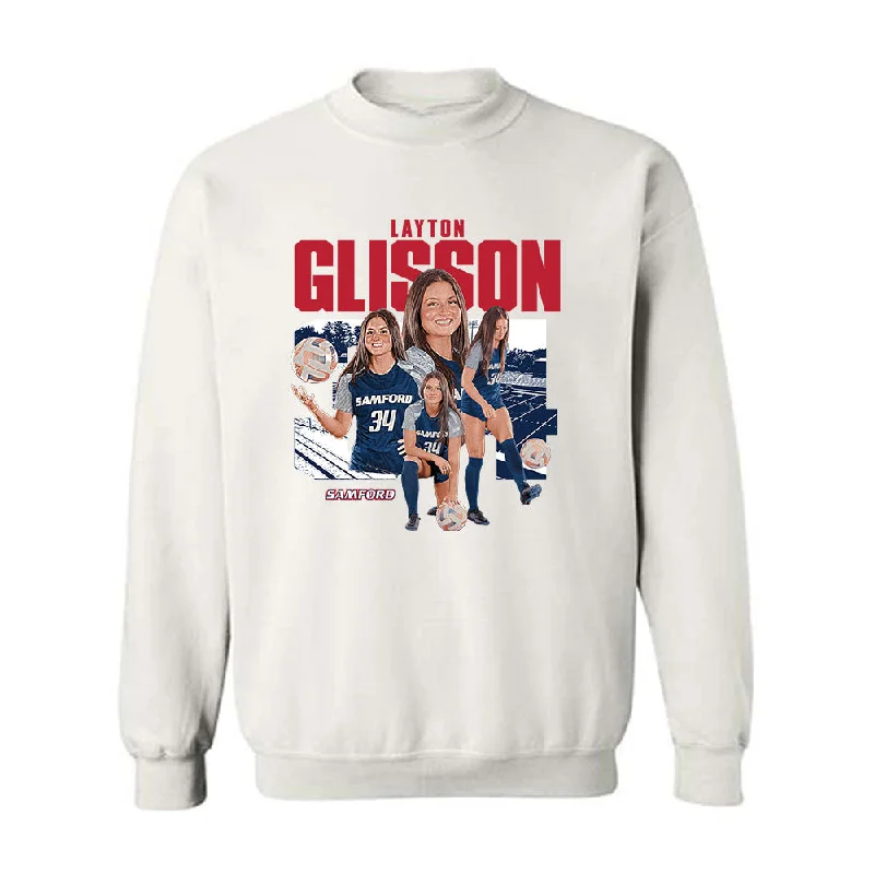 Samford - NCAA Women's Soccer : Layton Glisson - Player Collage Crewneck Sweatshirt Hoodie with Hem Applique Textured Unique