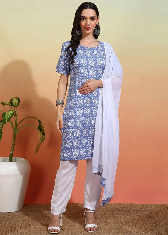 NOZ2TOZ Women's Crepe Printed Straight Kurta Pant With Dupatta - Sky Blue & White High-Waist Jogger Pants NOZ2TOZ Women's Crepe Printed Straight Kurta Pant With Dupatta - Sky Blue & White High-Waist Jogger Pants
