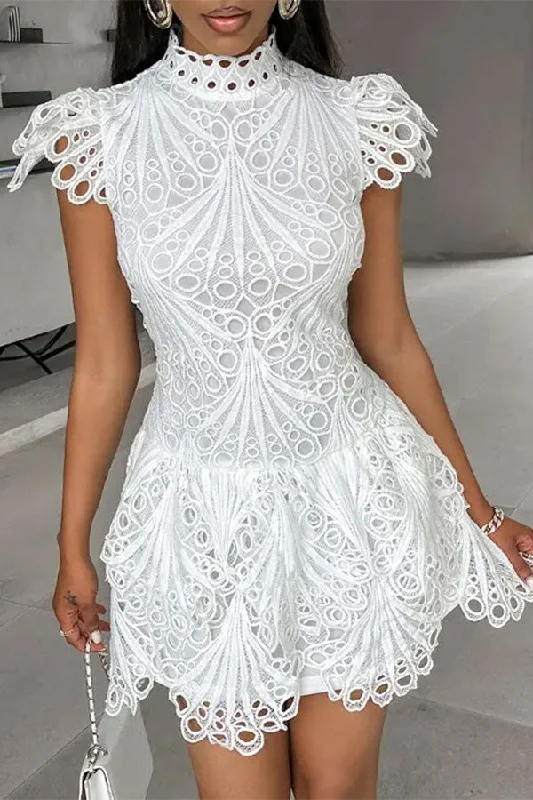 Solid Color Lace Elegant Mock Neck Cutout Mini Dress Classic Black Mini Dress
