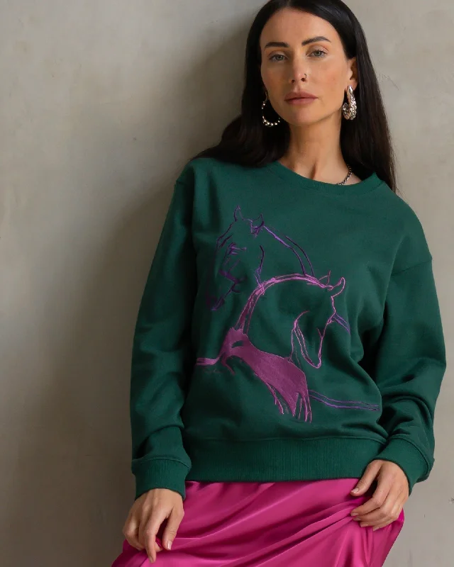Classic Embroidered Sweatshirt Horses Embrace Multi Hoodie with Hem Lace Feminine Delicate