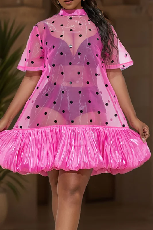 Polka Dot Romantic See-Through Ruffled Mini Dress Fashionable Mini Dress with Slits