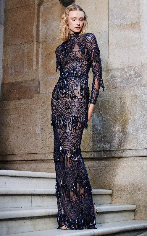 MNM Couture - N0293 High Neck Sequined Applique Fitted Dress Tunics Mesh breathable