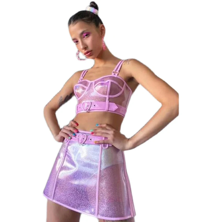 2 Piece Plastic Barbie Outfit - Transparent Women Dance Show Club Dress Sexy cute pink/purple sequin sexy Tunic Top Casual