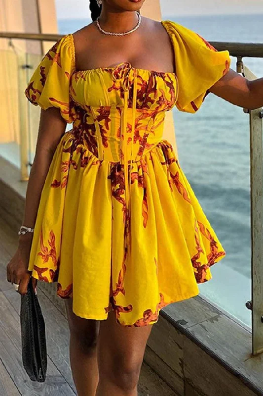 Floral Print Girly Square Collar Puff Sleeve Mini Dress Classic Solid Mini Dress