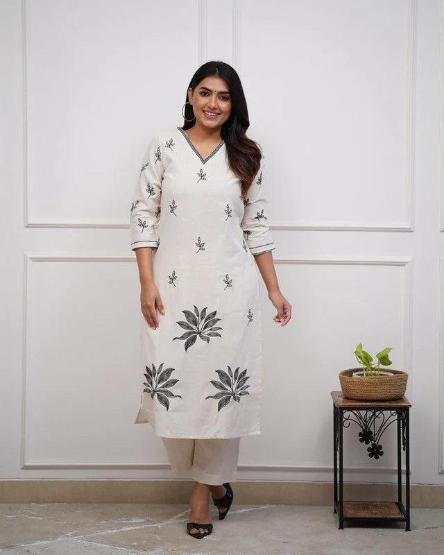 NOZ2TOZ Women's Viscose Floral Embroidered Straight Kurta Set With Pant - White Classic Pleated Pants NOZ2TOZ Women's Viscose Floral Embroidered Straight Kurta Set With Pant - White Classic Pleated Pants