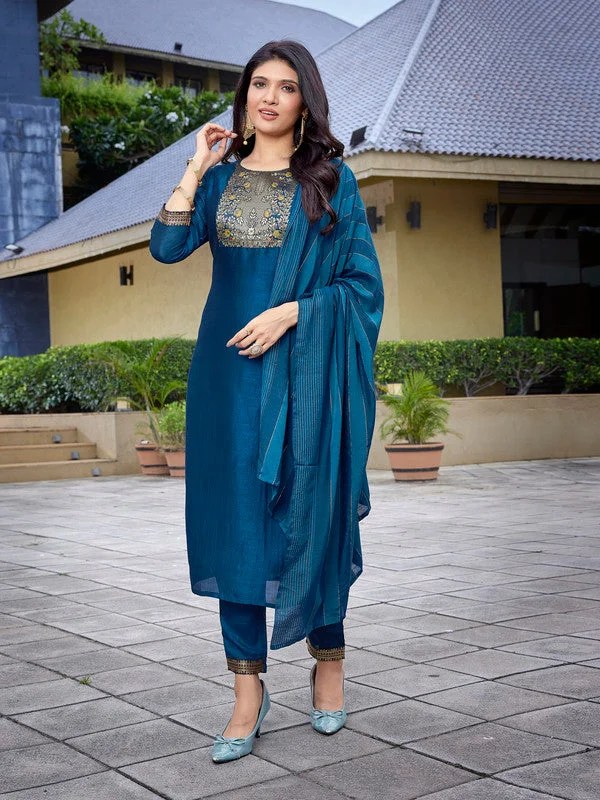 NOZ2TOZ Women's Silk Blend Solid Straight Kurta Pant With Dupatta - Teal Blue Comfortable Pleated Pants NOZ2TOZ Women's Silk Blend Solid Straight Kurta Pant With Dupatta - Teal Blue Comfortable Pleated Pants