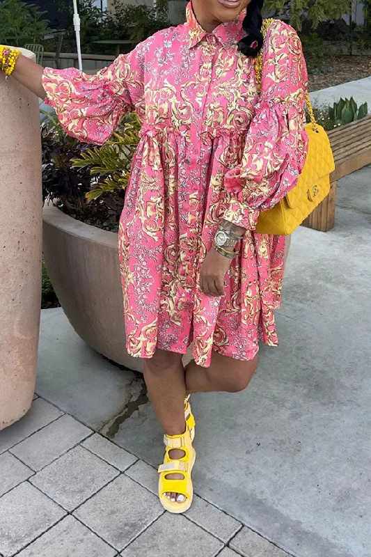 Gold Retro Floral Print Classic Ruffle Trim Mini Dress Stylish Summer Mini Dress