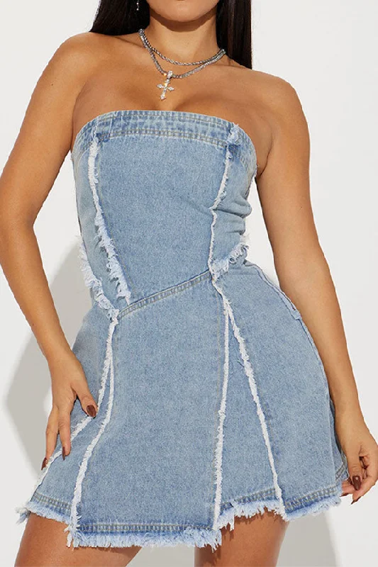 Washed Denim Burrs Patchwork Girly Strapless Mini Dress Trendy Lace Mini Dress