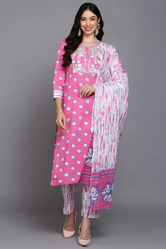 Ahika Cotton Pink Bandhani Printed Straight Kurta Pant With Dupatta Casual Lounge Pants Ahika Cotton Pink Bandhani Printed Straight Kurta Pant With Dupatta Casual Lounge Pants