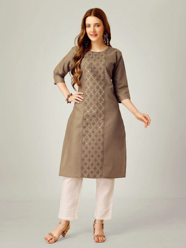 NOZ2TOZ Women Embroidered Cotton Blend Kurta Pant Set - Khaki Formal Slim Pants