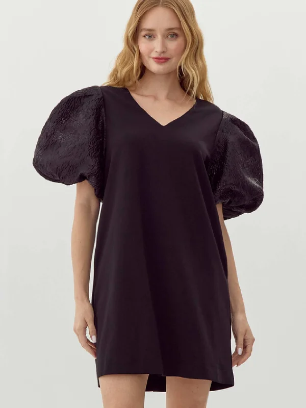 Metallic Black Puff Sleeve Dress Tunics Bridal satin