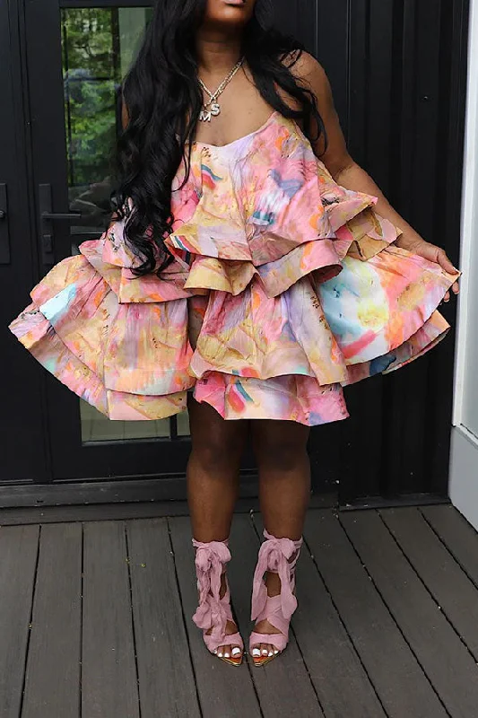 Abstract Print Sweet Tiered Ruffle Mini Dress Elegant Tulle Mini Dress