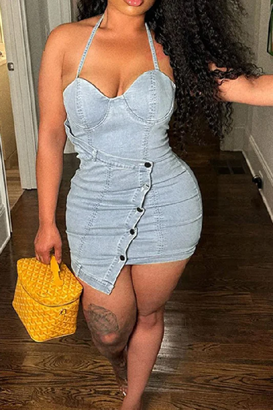 Washed Denim Halter Collar Modern Irregular Mini Dress Elegant Floral-Print Mini Dress Washed Denim Halter Collar Modern Irregular Mini Dress Elegant Floral-Print Mini Dress