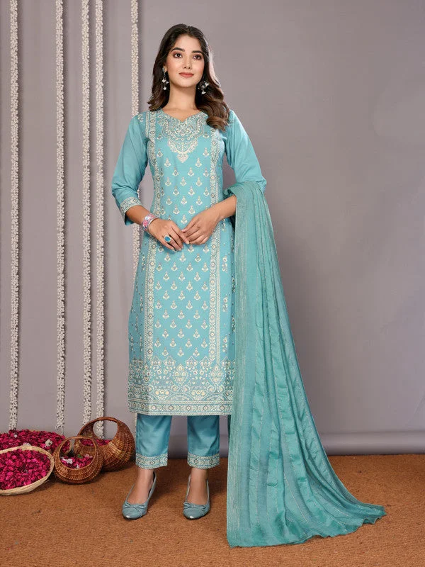 NOZ2TOZ Women's Cotton Blend Printed Straight Kurta Pant With Dupatta - Turquoise Blue Cozy Lounge Pants