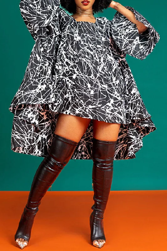 Abstract Print Urban High Low Mini Dress Fashionable Mini Dress with Frills