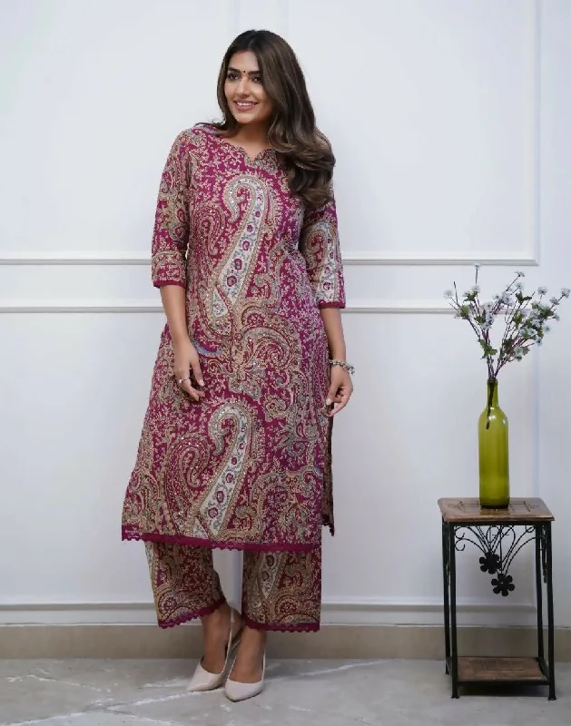 Indian Fashion Women's Printed Viscose Rayon Maroon Kurta & Pant Set Trendy Wide-Leg Pants Indian Fashion Women's Printed Viscose Rayon Maroon Kurta & Pant Set Trendy Wide-Leg Pants
