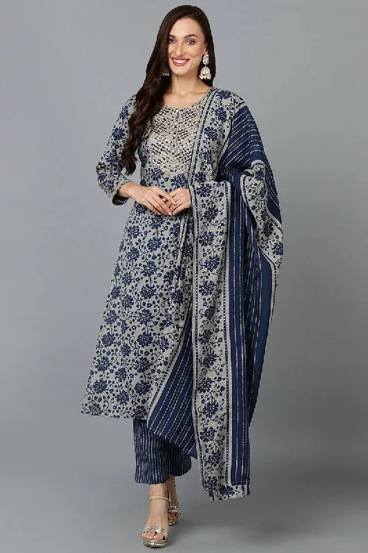 Ahika Cotton Blend Grey Straight Printed Kurta Pant With Blue Dupatta Comfortable Pleated Pants Ahika Cotton Blend Grey Straight Printed Kurta Pant With Blue Dupatta Comfortable Pleated Pants