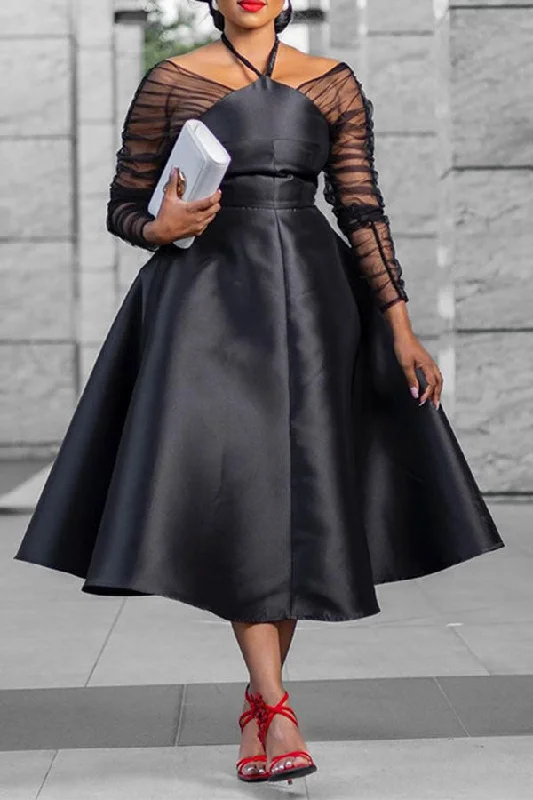 Mesh Patchwork Urban A-Line Halter Collar Mini Dress Elegant Lace-Up Mini Dress