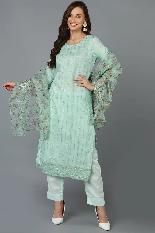 Ahika Sea Green Organza Embroidered Kurta Pant With Dupatta Relaxed Lounge Trousers