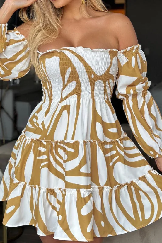 Abstract Print Puff Sleeve Smart Strap Shirred Tiered Mini Dress Fashionable A-Line Mini Dress Abstract Print Puff Sleeve Smart Strap Shirred Tiered Mini Dress Fashionable A-Line Mini Dress