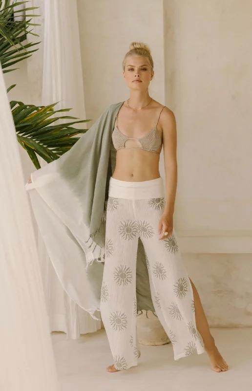 White Pants with Green Print Formal Linen Trousers