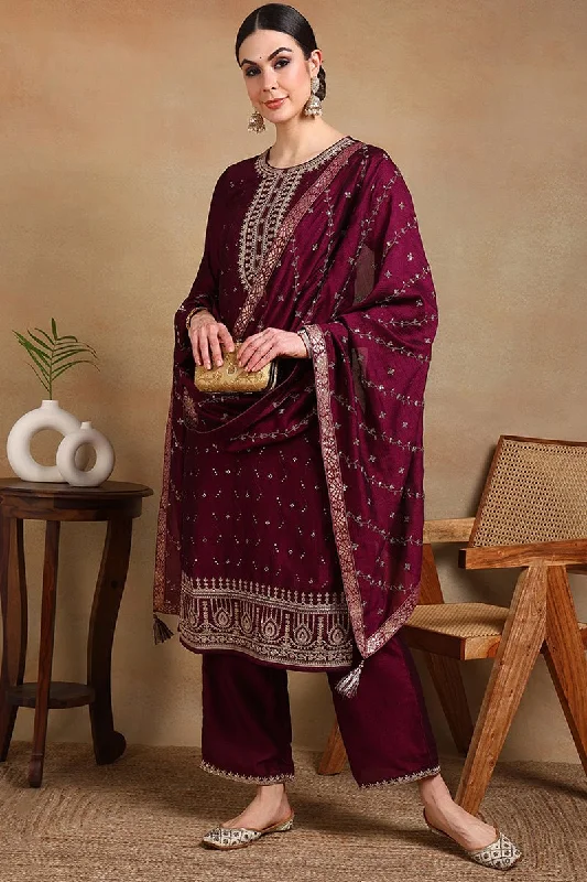 Ahika Silk Blend Wine Embroidered Straight Kurta Pant With Dupatta Chic Faux Leather Pants Ahika Silk Blend Wine Embroidered Straight Kurta Pant With Dupatta Chic Faux Leather Pants