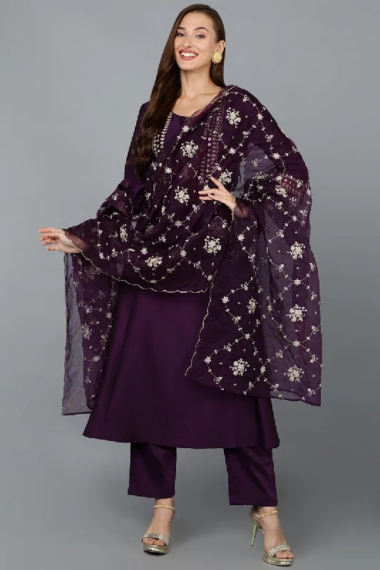 Ahika Purple Silk Blend Straight Kurta Pant With Dupatta Comfortable Denim Pants
