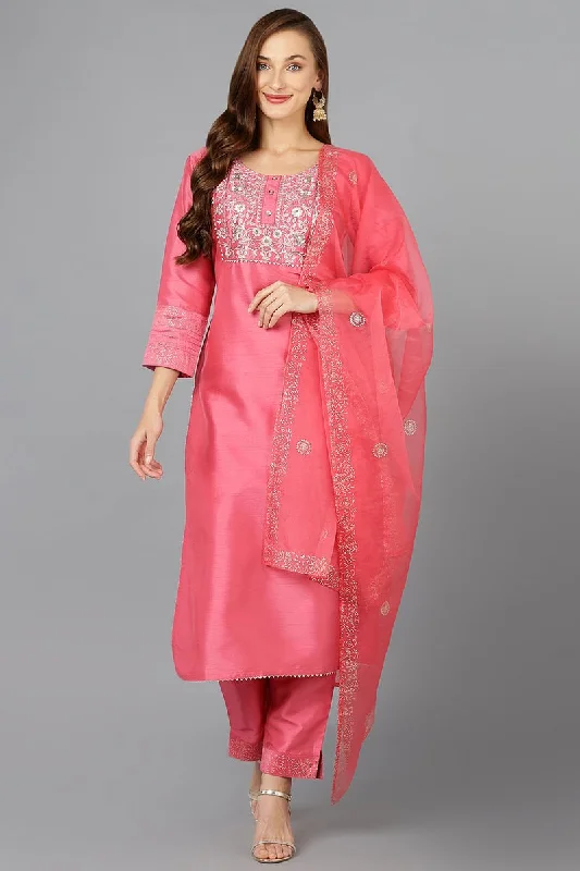 Ahika Pink Silk Blend Straight Kurta Pant With Dupatta Casual Drawstring Pants