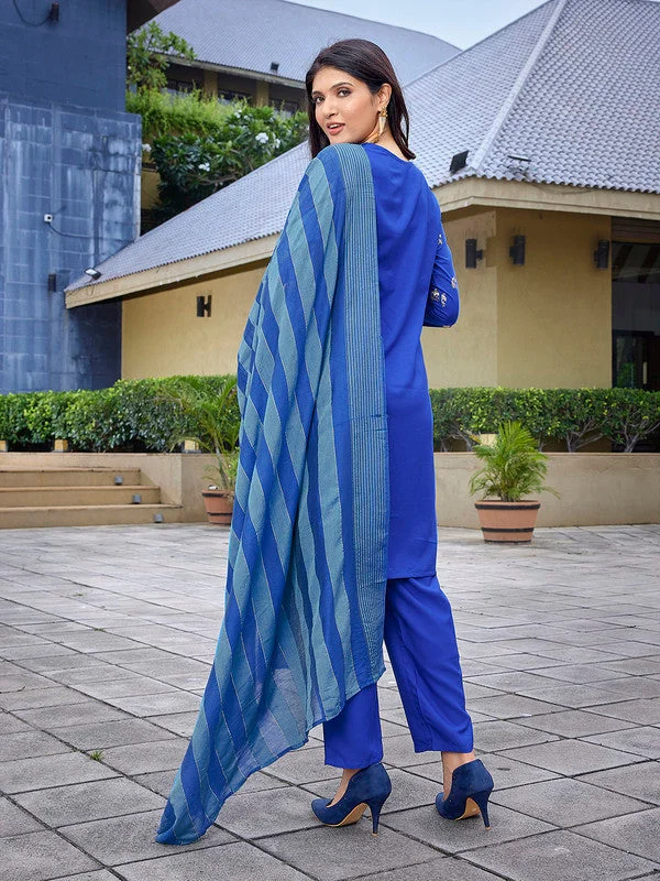NOZ2TOZ Women's Crepe Foil Printed Straight Kurta Pant With Dupatta - Royal Blue Casual Lounge Pants NOZ2TOZ Women's Crepe Foil Printed Straight Kurta Pant With Dupatta - Royal Blue Casual Lounge Pants