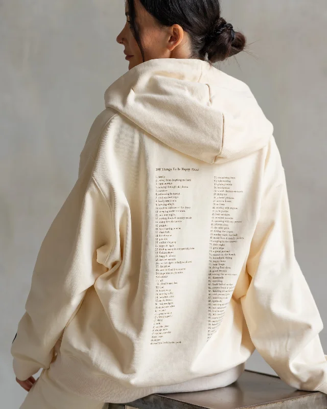 Hendrix Hoodie 100 Things Happy Ivory Hoodie with Hem Drawcord Adjustable Customizable
