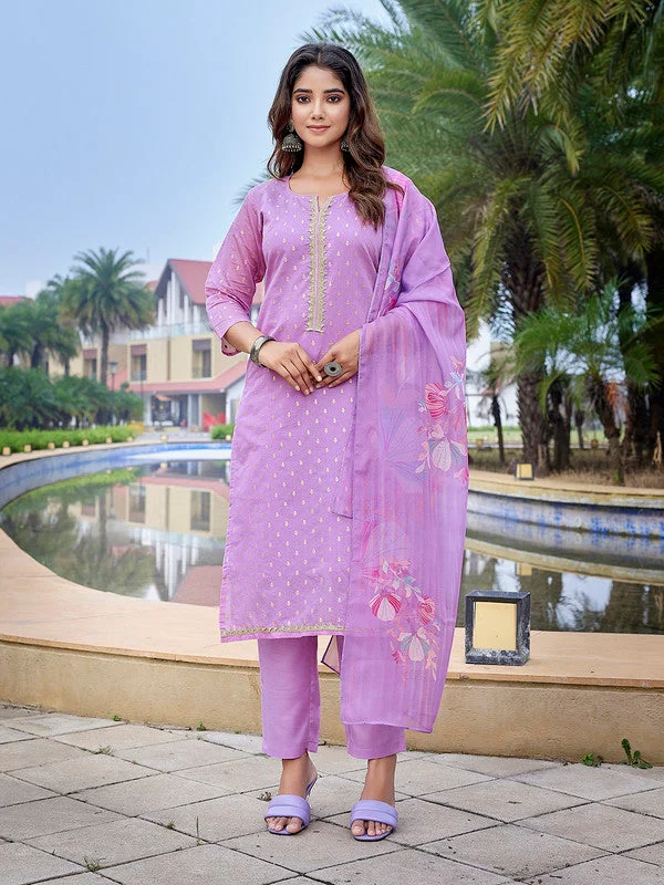 NOZ2TOZ Women's Chanderi Woven Straight Kurta Pant With Dupatta - Purple Slim-Fit Leggings