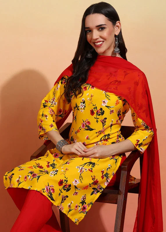 NOZ2TOZ Women's Crepe Printed Straight Kurta Pant With Dupatta - Yellow & Red Chic Checkered Pants NOZ2TOZ Women's Crepe Printed Straight Kurta Pant With Dupatta - Yellow & Red Chic Checkered Pants