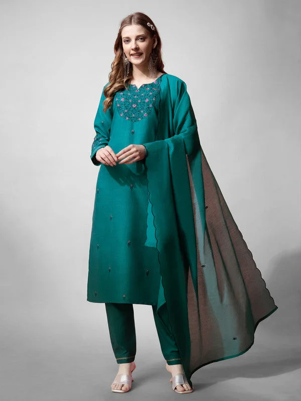 NOZ2TOZ Womens Rama Embroidered Cotton Blend Kurta Pant Set With Dupatta Trendy Palazzo Pants NOZ2TOZ Womens Rama Embroidered Cotton Blend Kurta Pant Set With Dupatta Trendy Palazzo Pants