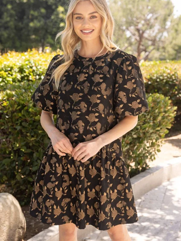 Black Rose Print Puff Sleeve Dress Tunics Fashionable trendy