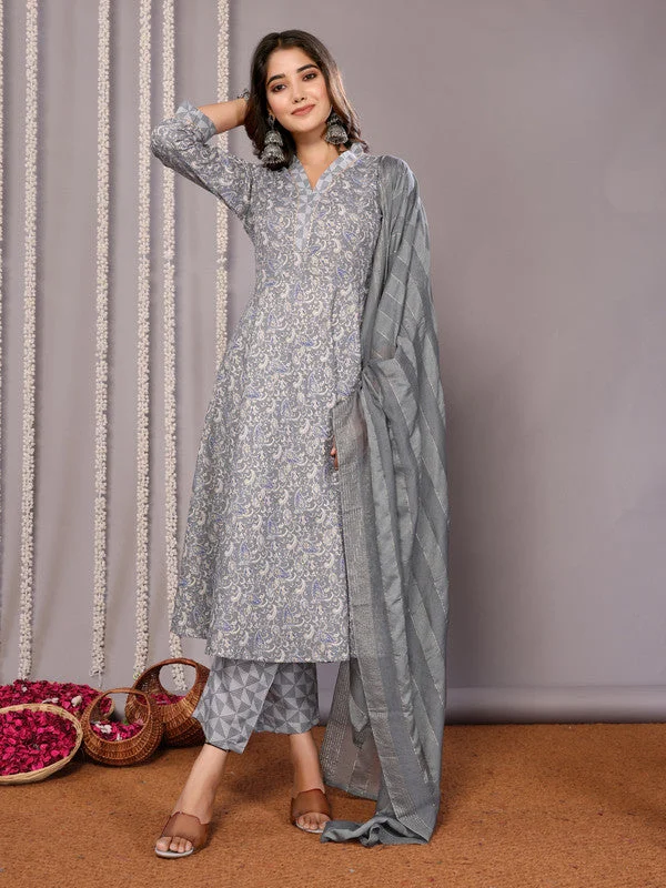 NOZ2TOZ Women's Cotton Blend Printed Anarkali Kurta Pant With Dupatta - Grey Trendy Wide-Legged Trousers NOZ2TOZ Women's Cotton Blend Printed Anarkali Kurta Pant With Dupatta - Grey Trendy Wide-Legged Trousers