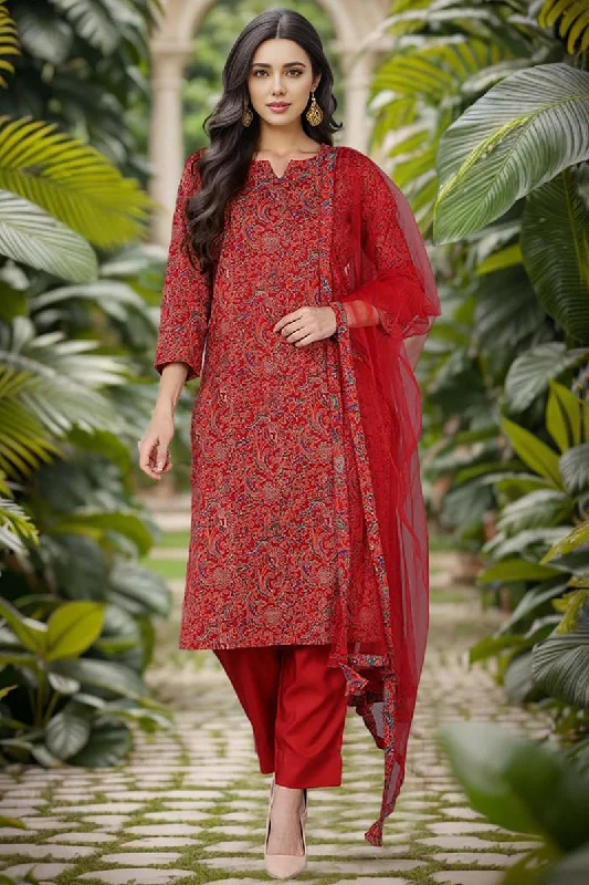 Ahika Red Rayon Blend Floral Straight Kurta Pant With Dupatta Modern Skinny Pants