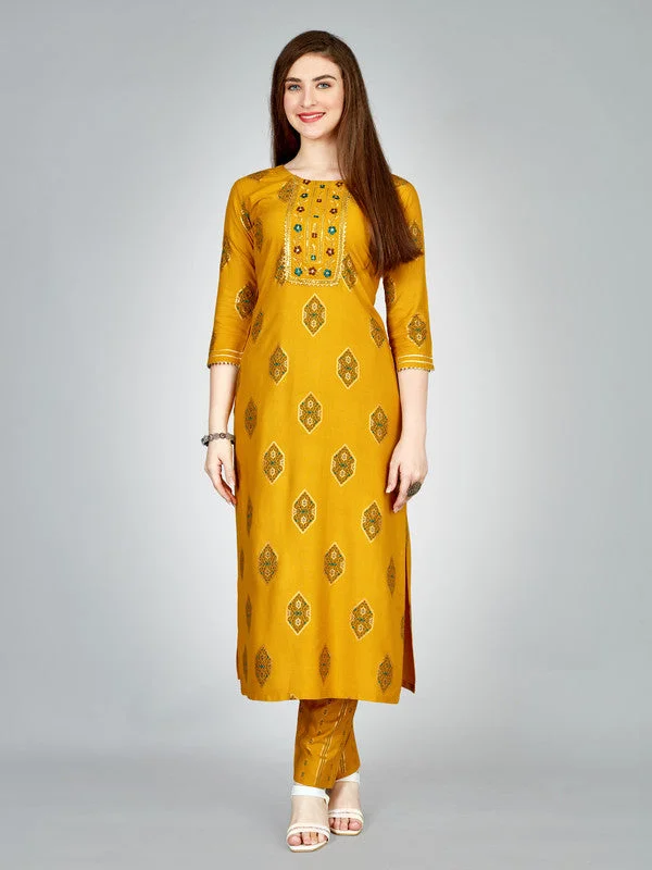 NOZ2TOZ Women Embroidered Rayon Kurta Pant Set - Yellow Trendy Tapered Pants
