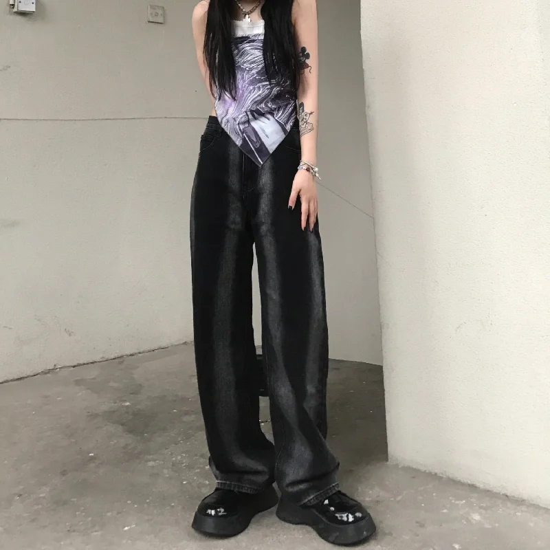 Black Retro Tie Dye Lines High Waist Loose Denim Pants Fashionable Jogger Pants