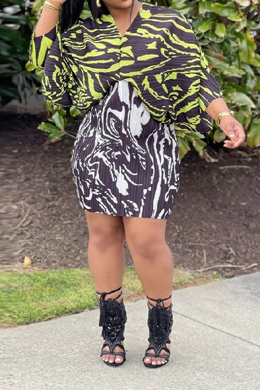 Abstract Print Unusual Batwing Sleeve Mini Dress Stylish Puff Sleeve Mini Dress
