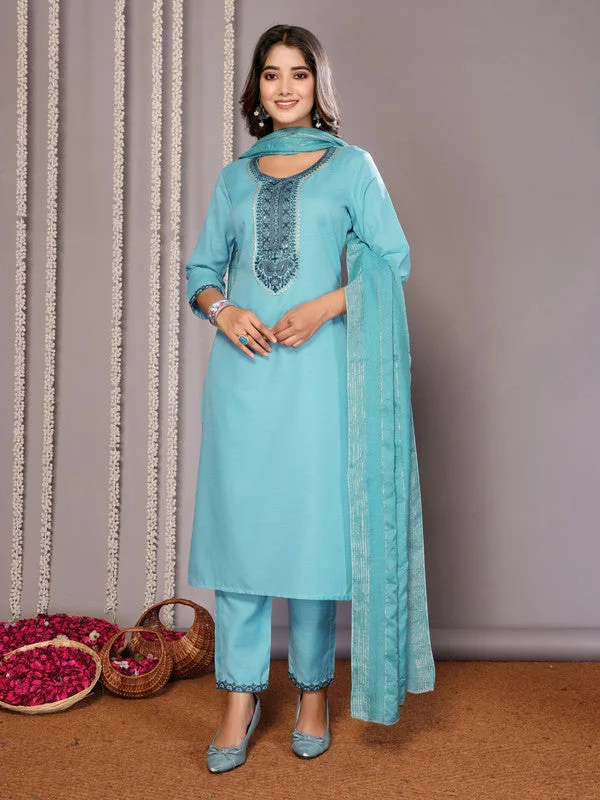 NOZ2TOZ Women's Cotton Blend Embroidered Straight Kurta Pant With Dupatta - Turquoise Blue Elegant Trouser Pants NOZ2TOZ Women's Cotton Blend Embroidered Straight Kurta Pant With Dupatta - Turquoise Blue Elegant Trouser Pants