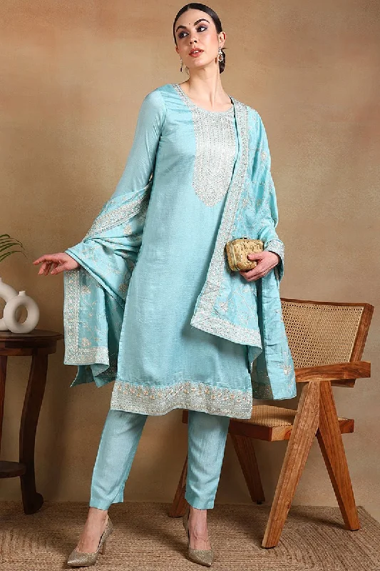 Ahika Blue Silk Blend Straight Kurta Pant With Dupatta Soft Cotton Pants